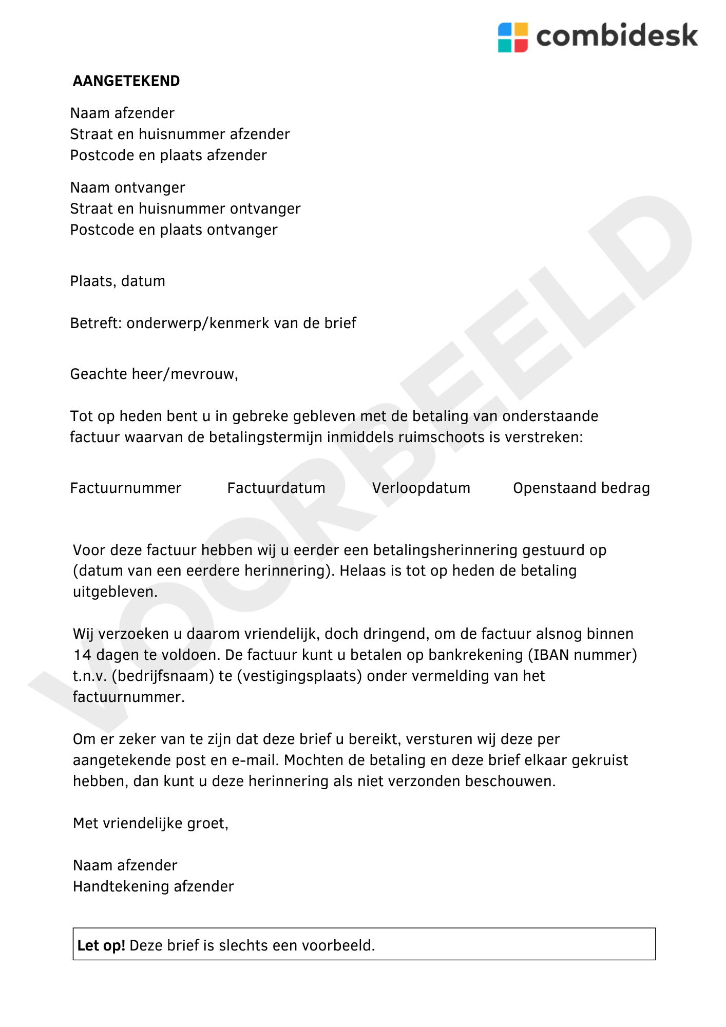 Voorbeeld aanmaning